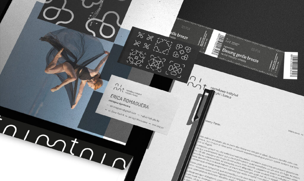 wizualizacja brandingu dla Narodowego Instytutu Muzyki i Tańca w postaci przykładowej wizytówki, papieru firmowego, teczki i biletów na spektakt